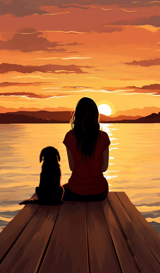 Dog and Woman Sitting on Pier