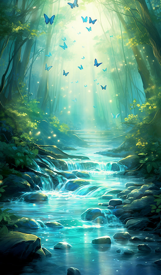 Blue Butterflies by a Forest Stream