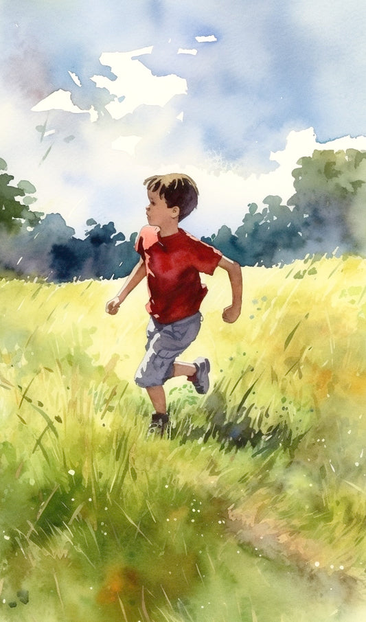 Boy Running in a Grass Field
