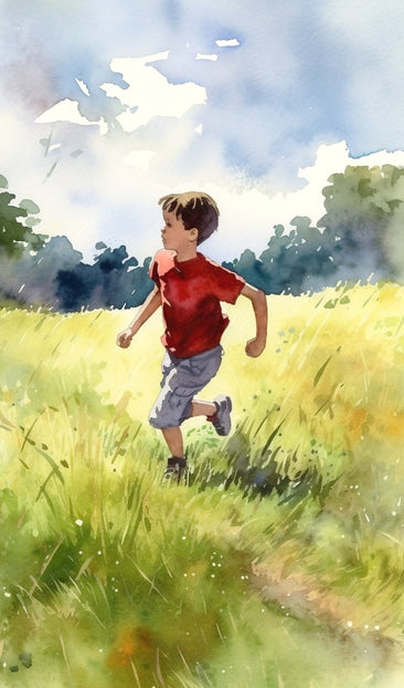 Boy Running in a Grass Field