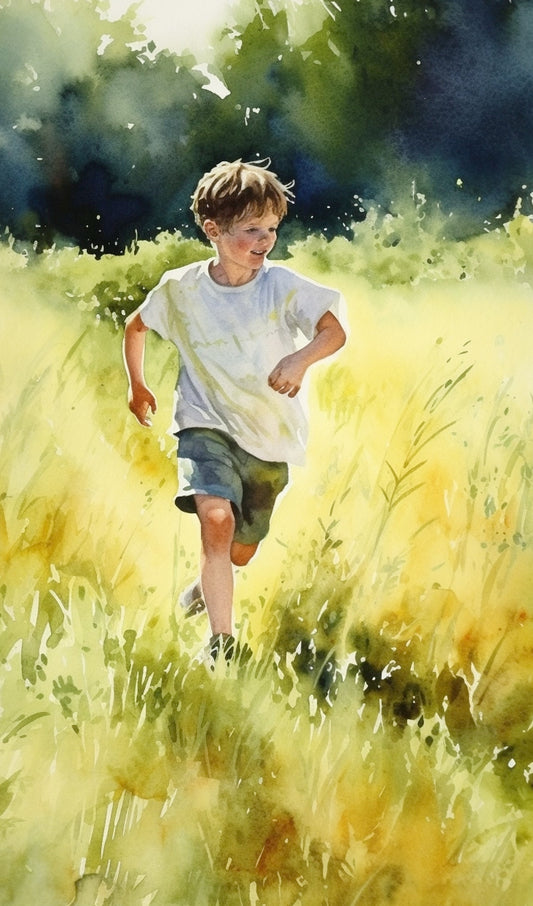 Boy Running in a Grass Field