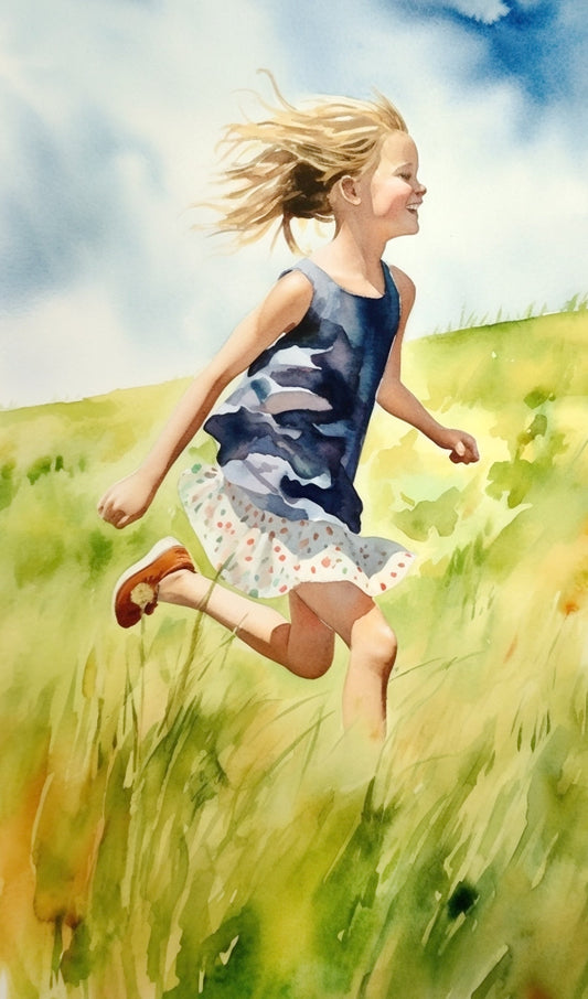 Girl Running in a Grass Field