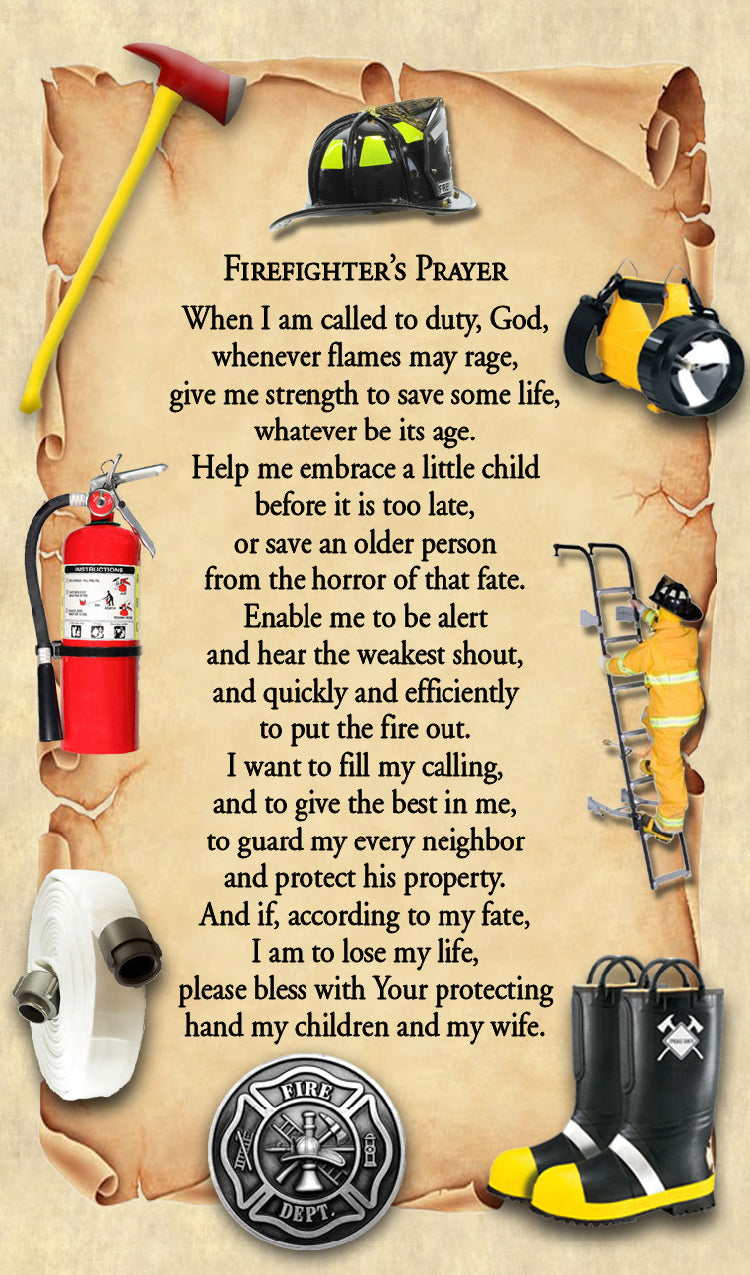 A memorial prayer card featuring a firefighter's prayer for protection, framed with a serene border