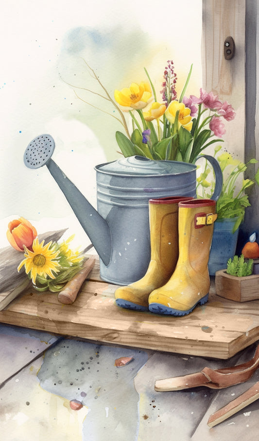 Watering Can with Boots and Flowers