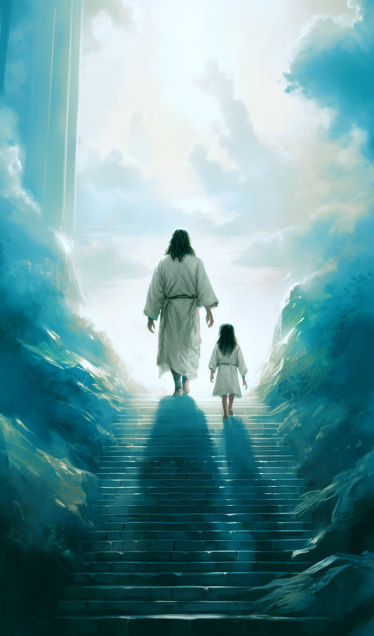 Jesus Walking Up Stairway to Heaven with a Girl