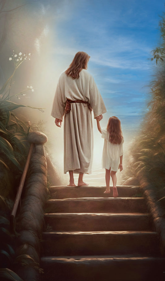 Jesus Walking Up Stairway to Heaven with a Girl