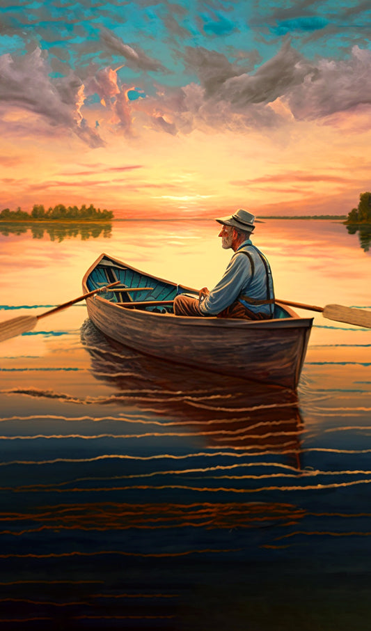 Man in a Row Boat at Sunset