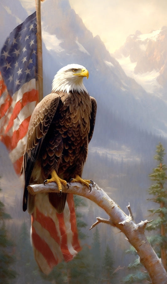 American Bald Eagle in front of U.S. Flag