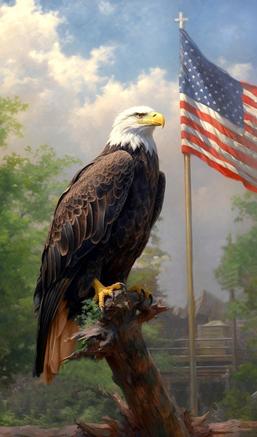 American Bald Eagle in front of U.S. Flag