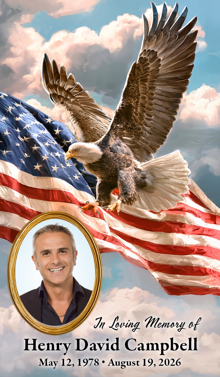 U.S. Flag with Bald Eagle and photo, name and dates