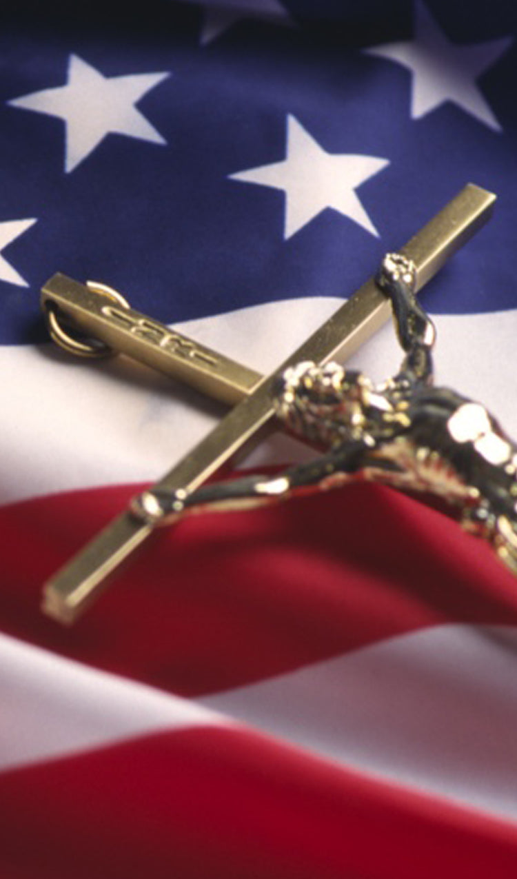 Crucifix over U.S. Flag