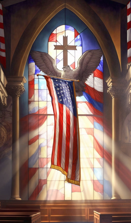 Church with Cross, Eagle and U.S. Flag