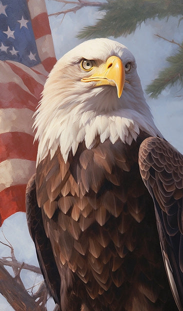 American Bald Eagle in front of U.S. Flag