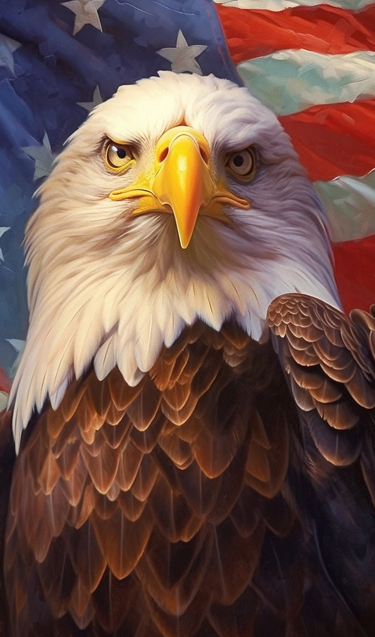 American Bald Eagle in front of U.S. Flag