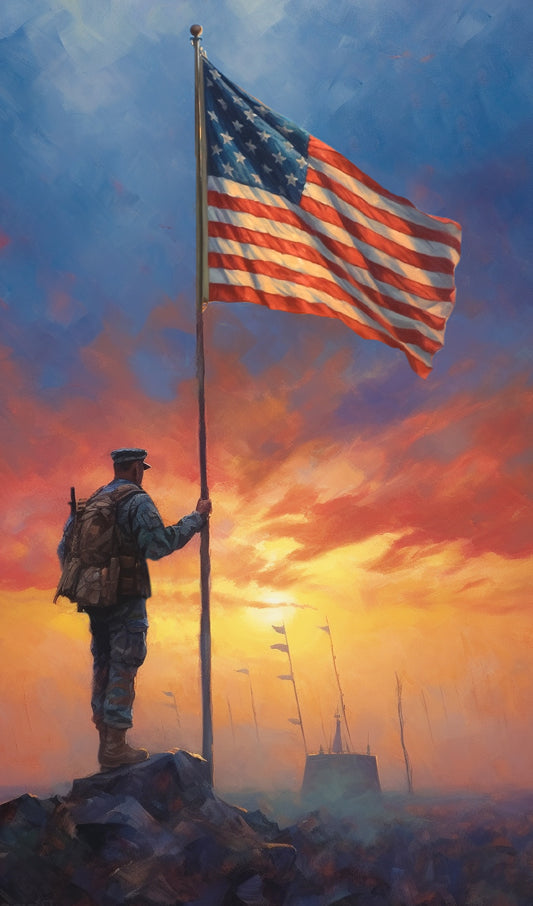American Soldier holding a flag pole with U.S. Flag