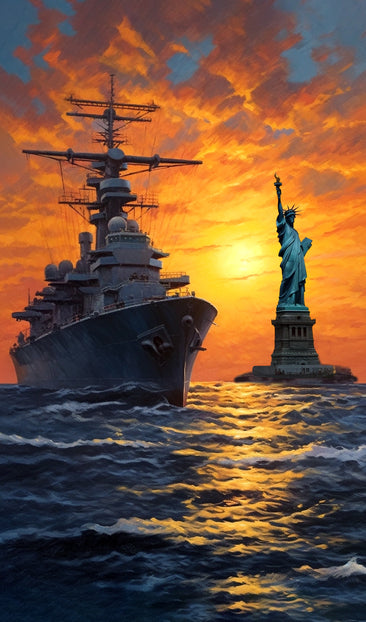 U.S. Battleship passing the Statue of Liberty