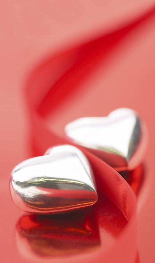 Pair of Silver Hearts with Red Ribbon