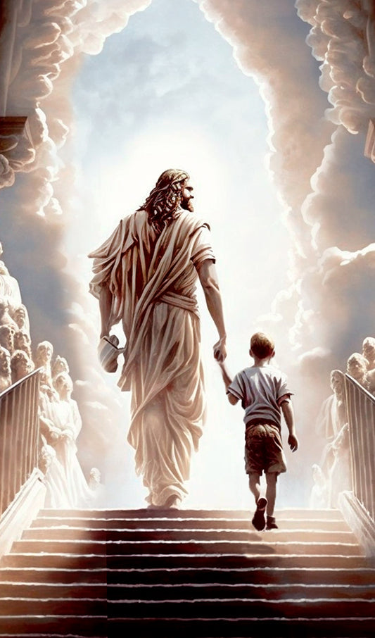 Jesus Guiding a Young Boy to the Gates of Heaven