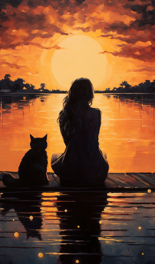 Cat and Woman Sitting on Pier