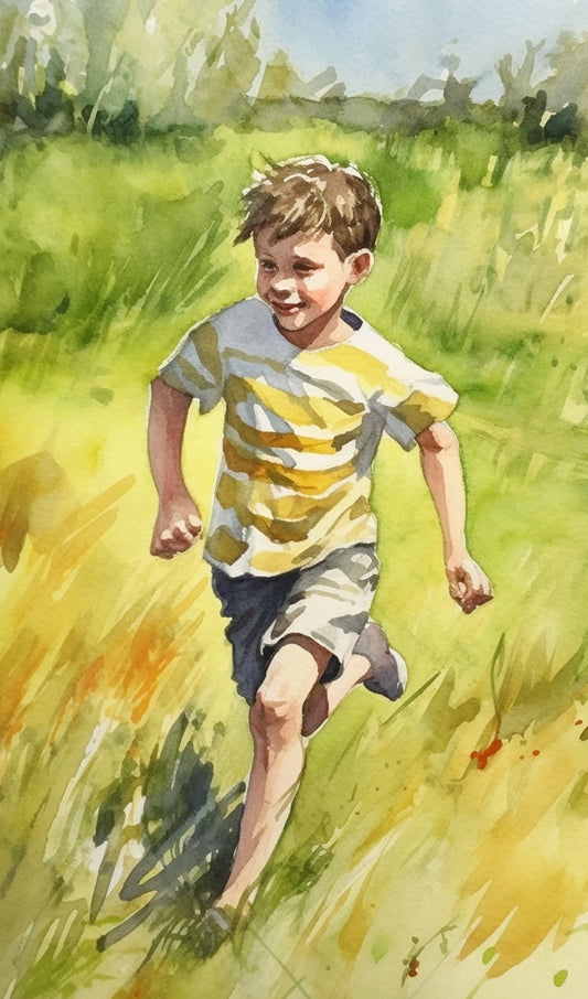 Boy Running in a Grass Field