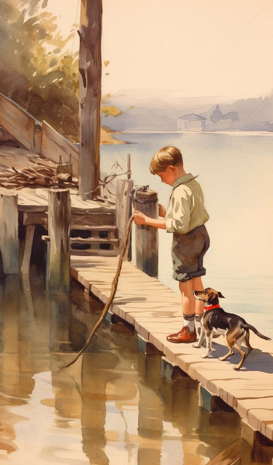 Boy and a Dog on a Pier