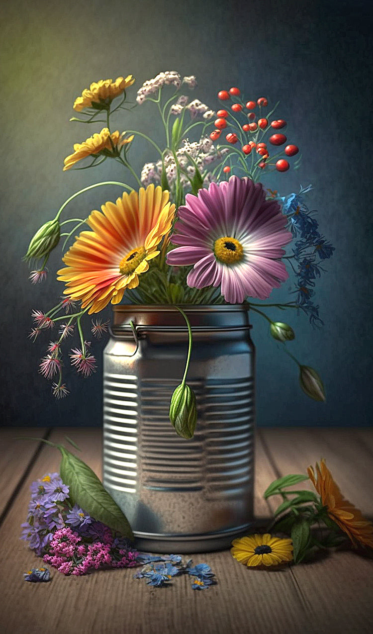 Painting of a Tin Can with Flowers