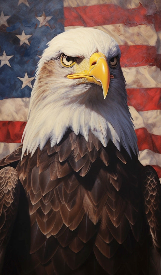 American Bald Eagle in front of U.S. Flag