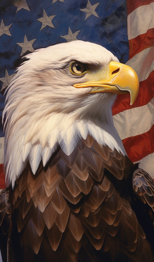 American Bald Eagle in front of U.S. Flag