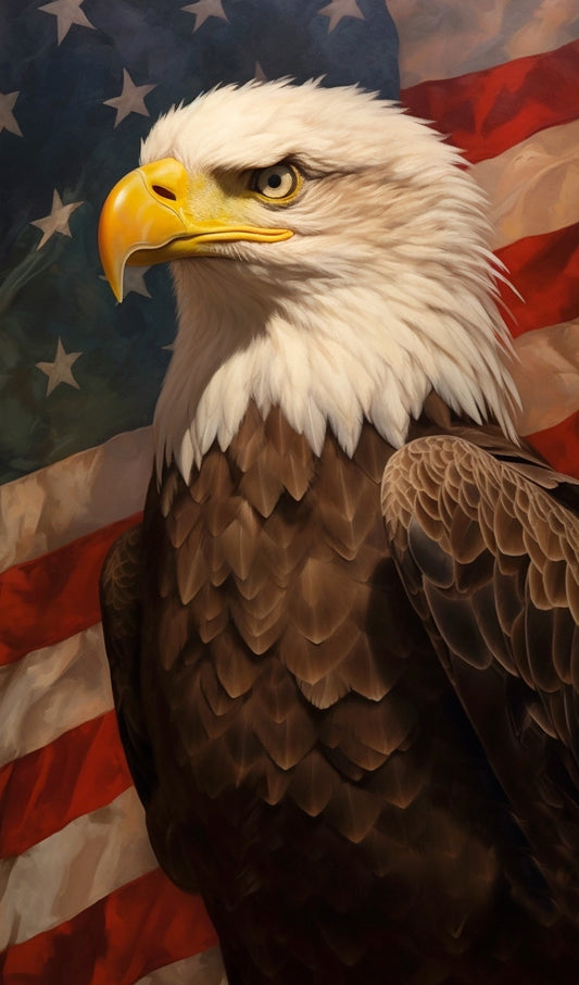 American Bald Eagle in front of U.S. Flag