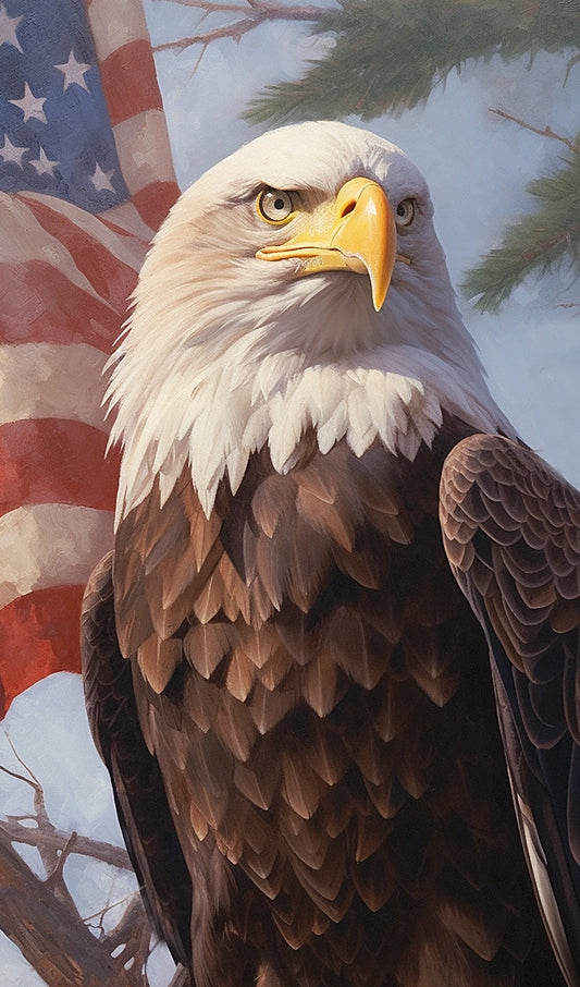 American Bald Eagle in front of U.S. Flag