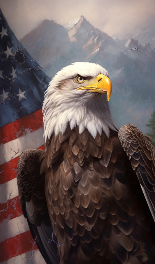 American Bald Eagle in front of U.S. Flag