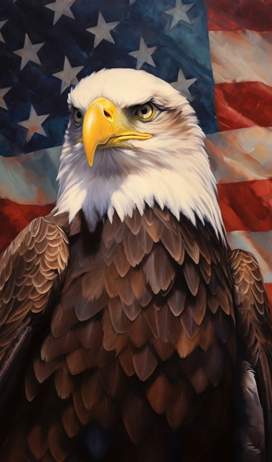 American Bald Eagle in front of U.S. Flag