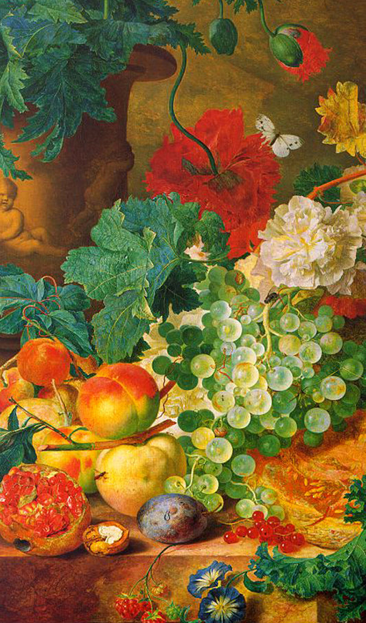 Still Life of Flowers and Fruit Painting